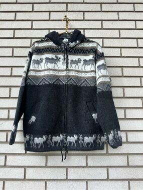 Artesanias Tuntaquimba M Wool Moose Fair Isle Hooded Zip Sweater Ecuador